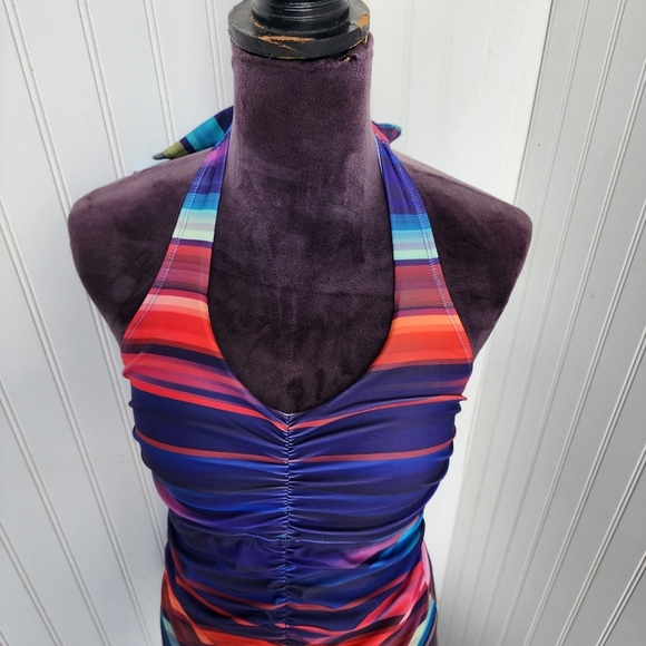 NWOT NOON SWIM Women's Halter 1 Piece Swimming Suit Striped Purple Red Sz 10 - Picture 3 of 16